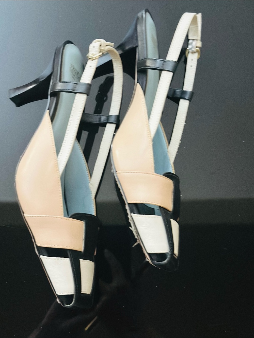 Frances Valentine Tri-Color Slingback Pumps in Beige, Black & White - Picture 5 of 8